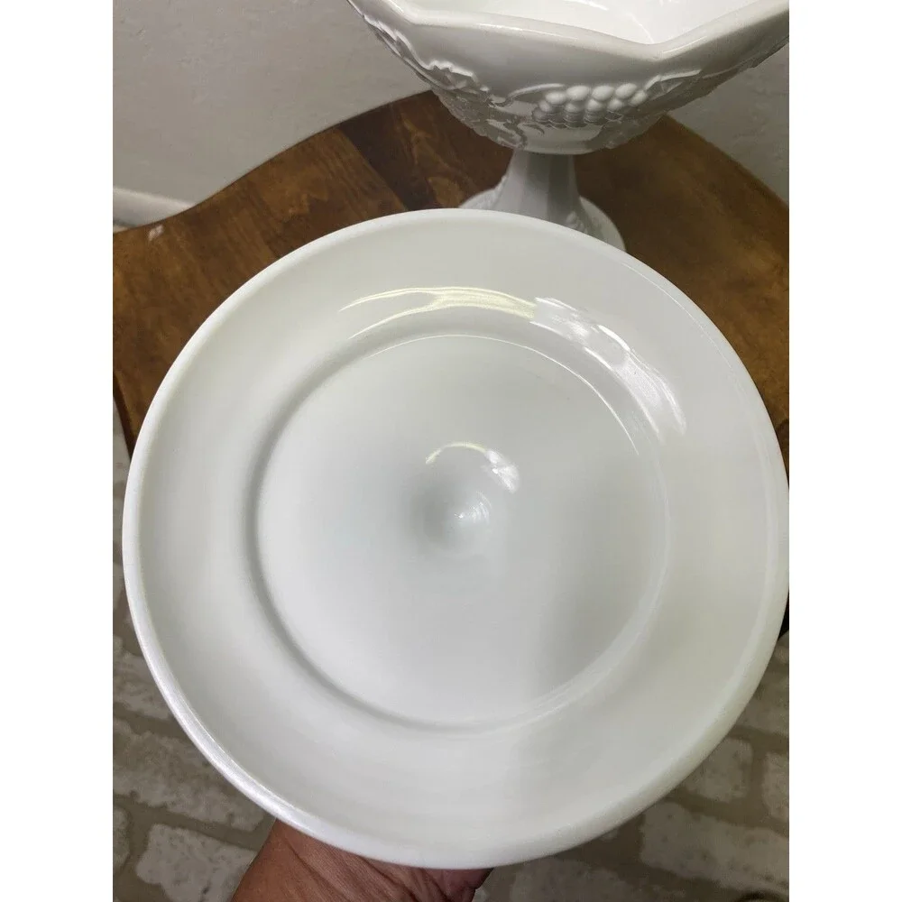 Vintage White Milk Glass Covered Compote Dish Grape Pattern Pedestal Bowl 10 in
